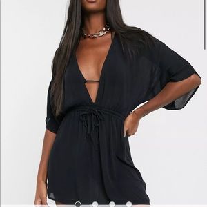 ASOS DESIGN TALL crinkle beach cover up with channel waist & drape sleeves